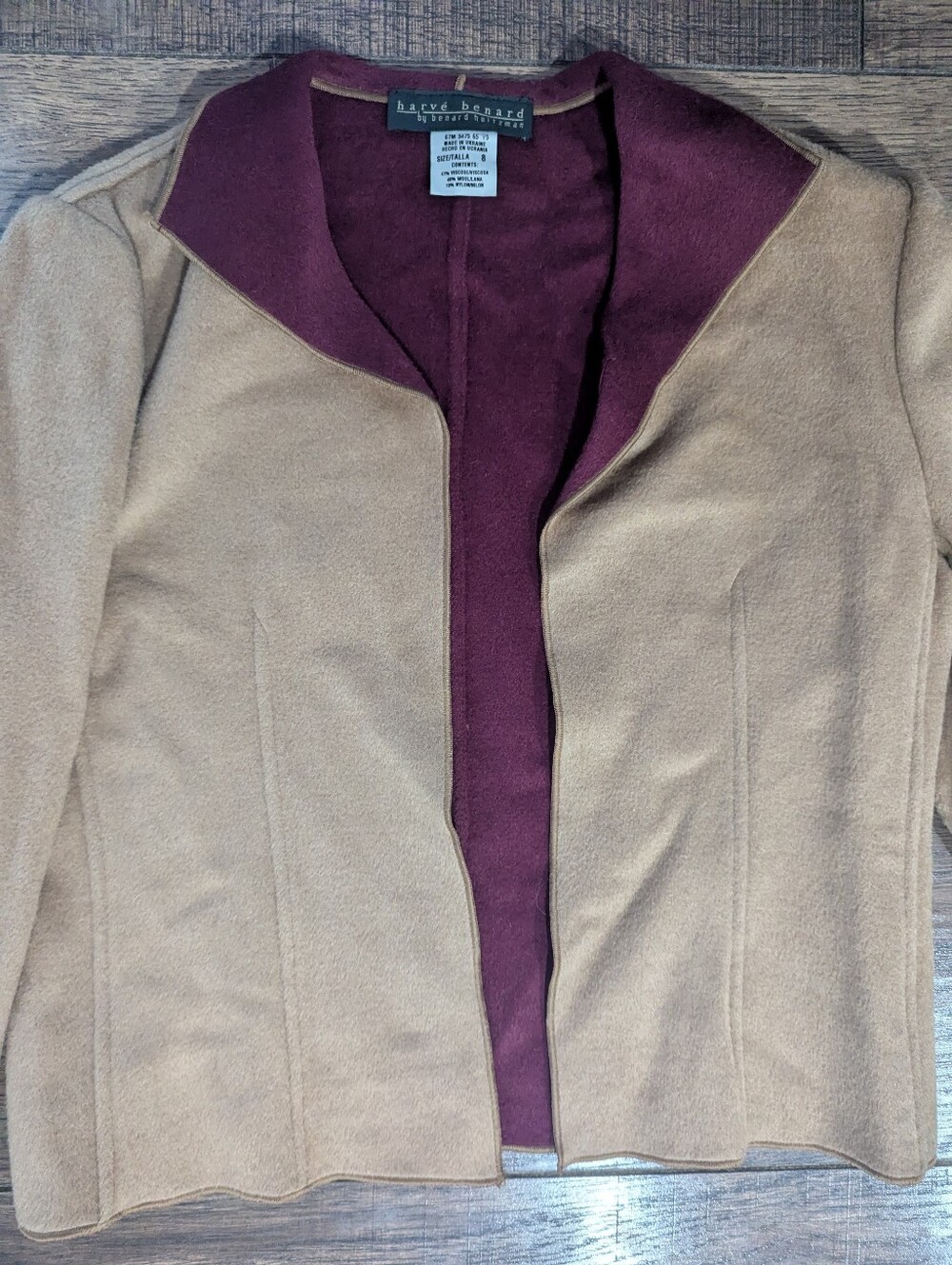 Harve Benard Vintage Wool Blend Camel Open Style Blazer Burgundy Accent Size 8